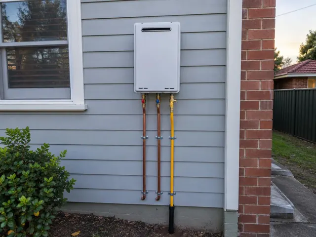 Wall-mounted hot water unit on weatherboard exterior wall beside a window and brick corner in Mayfield